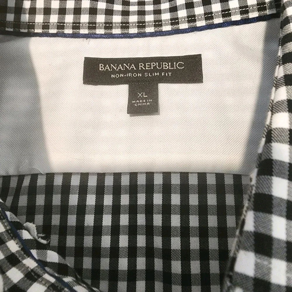 Banana Republic Button Down Shirt Mens XL‎ Black White Check Slim Fit Non Iron